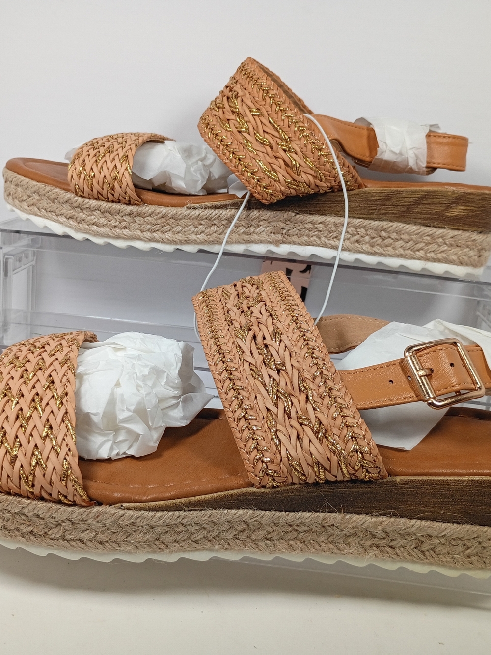 COASIS Tan Open Toe Woven Faux Leather Ankle Buckle Women's Wedge Sandal 10